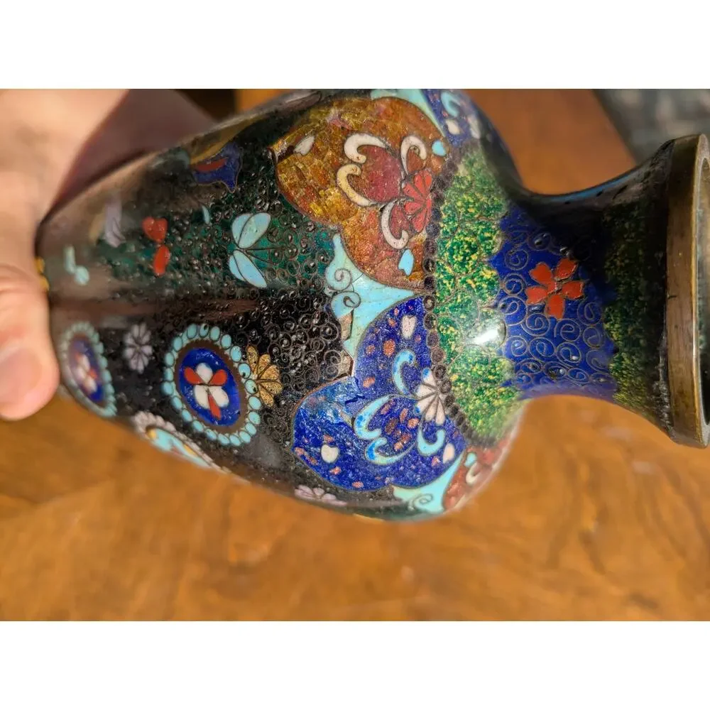 Antique Japanese Cloisonne Butterfly Vase  - Meiji 7.5